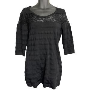 MNG Suit Women 12 Striped Lace Midi Long Sleeve Dess Scoop Neck Pullover Black